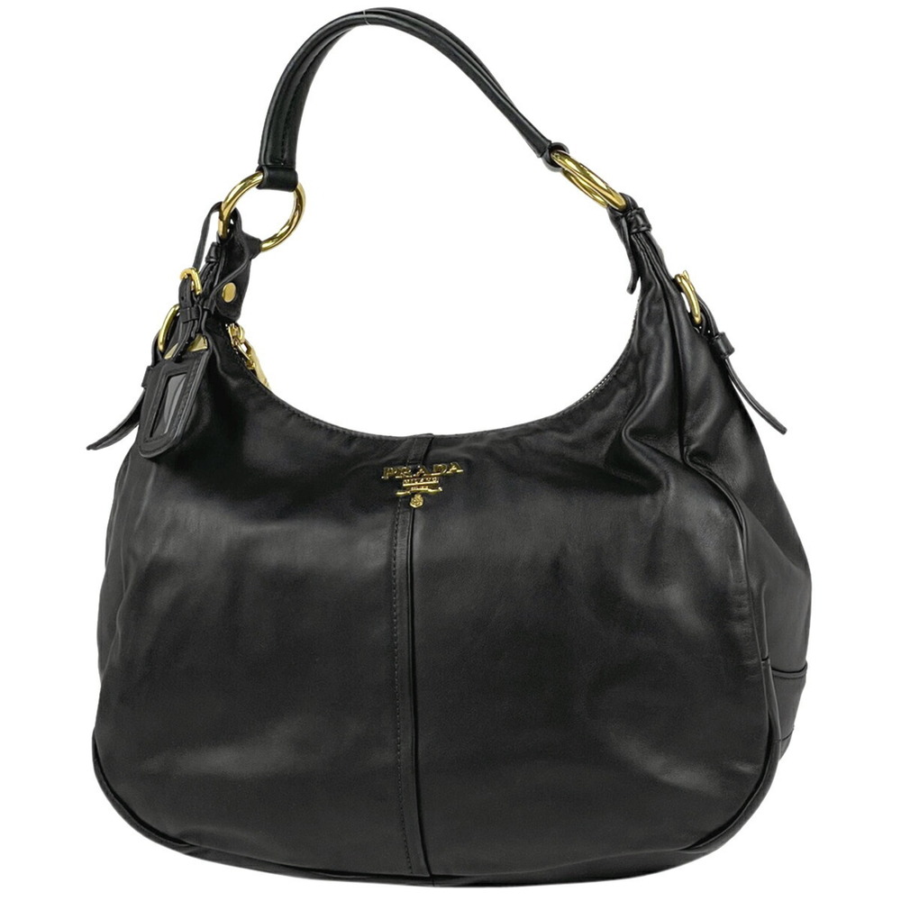 Prada Logo Shoulder Bag Hobo Handbag Leather Black